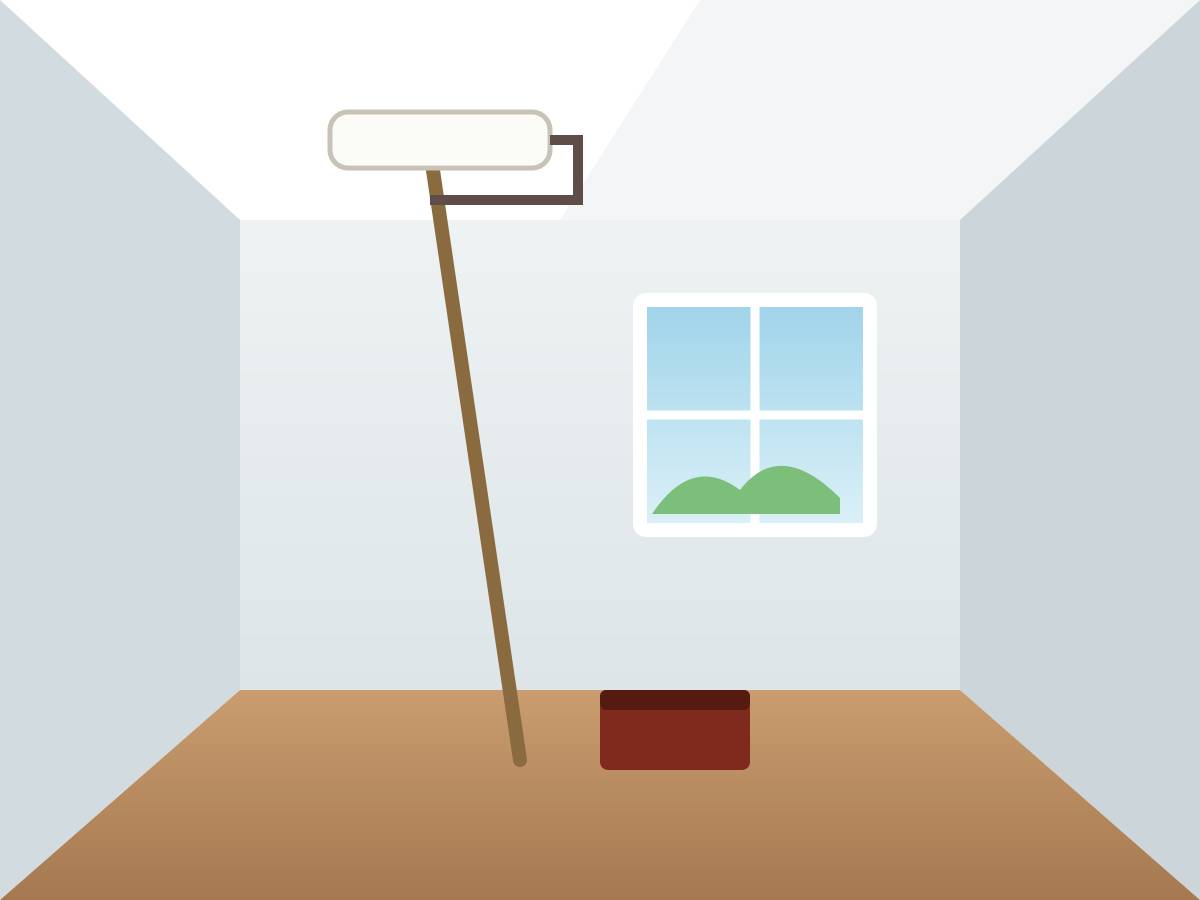 Illustration of a painter on a ladder rolling white paint onto a freshly finished ceiling
