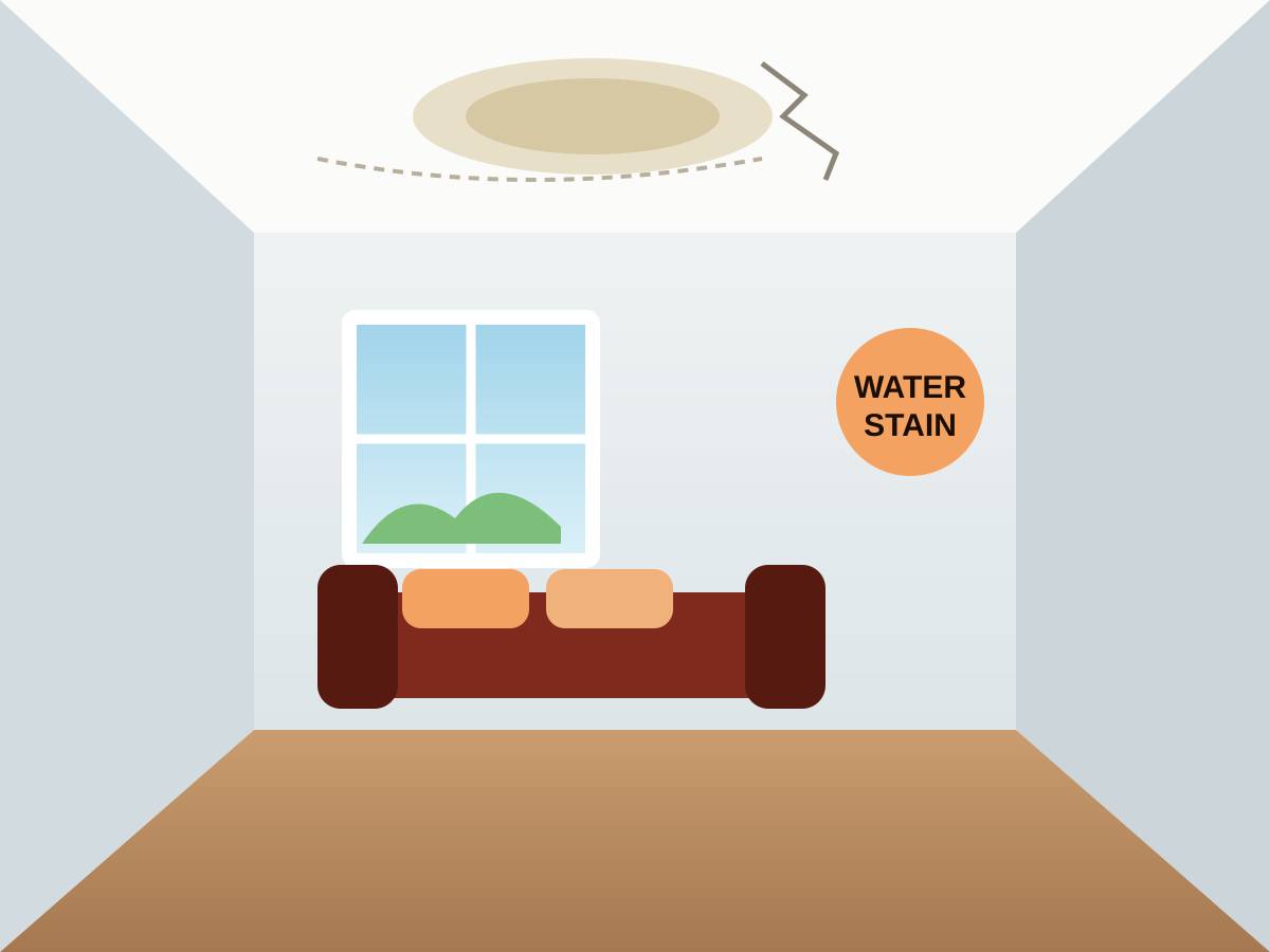 Illustration of a textured living room ceiling with a brown water stain and a crack running along a drywall seam